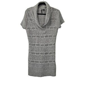 💥032 Heart N Crush Cowl Neck Knit Short Sleeve Long Gray Tunic Sweater